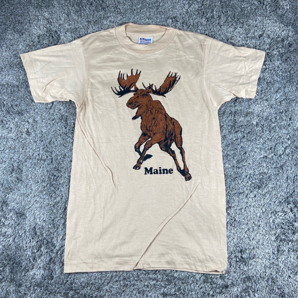 Vintage Hanes Maine Moose Shirt Mens S Tan Single Stitch Nature Tee Wildlife USA